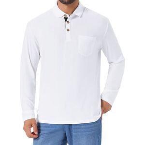 Contrast Button Collared Pocket Long Sleeves Golf Polo T-Shirts White